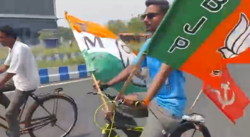 দলাদলি ভুলে শান্তির বার্তা, এক সাইকেলে তিন দলের পতাকা ঘুরে বেড়াচ্ছে বর্ধমানে